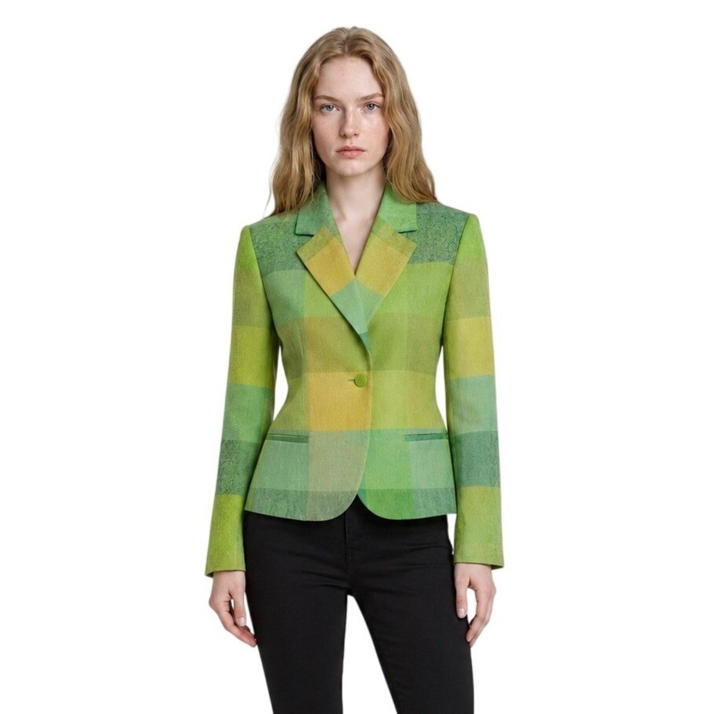 Giorgio Fiorlini Blazer Women's Size 14 Green Yellow Plaid Textured Jacket Lined